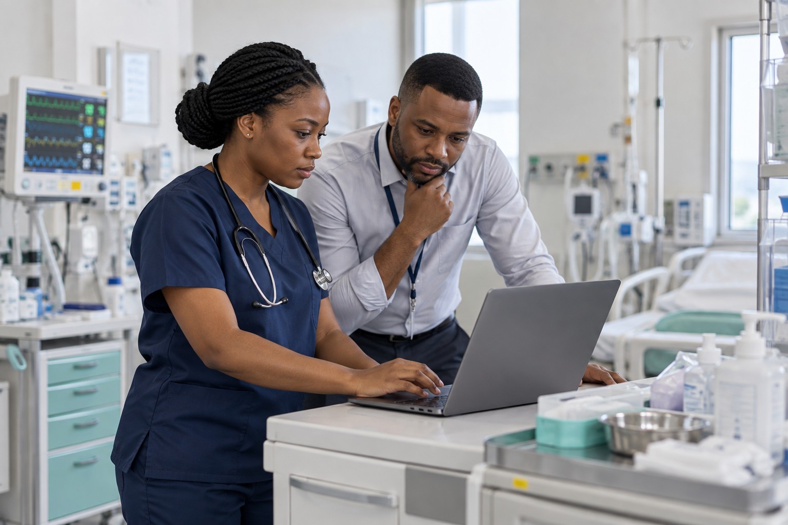 Illustrative healthcare professionals reviewing technology in a clinical setting